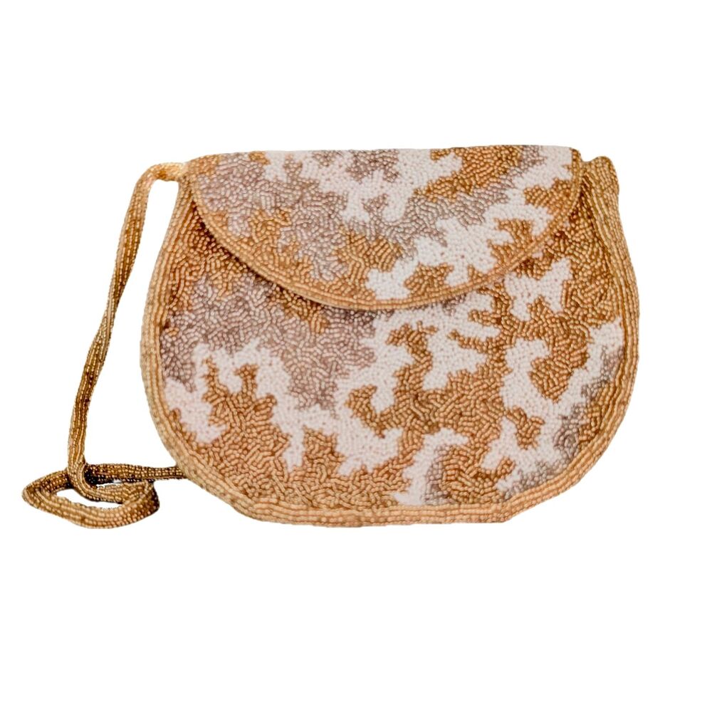 Vintage 60s WALBORG Gold, Silver & White Beaded Evening Bag w/Silk Satin Lining